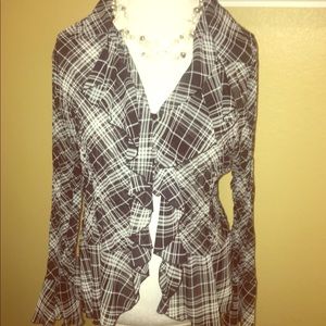 Flowing ruffled black/white plaid blouse